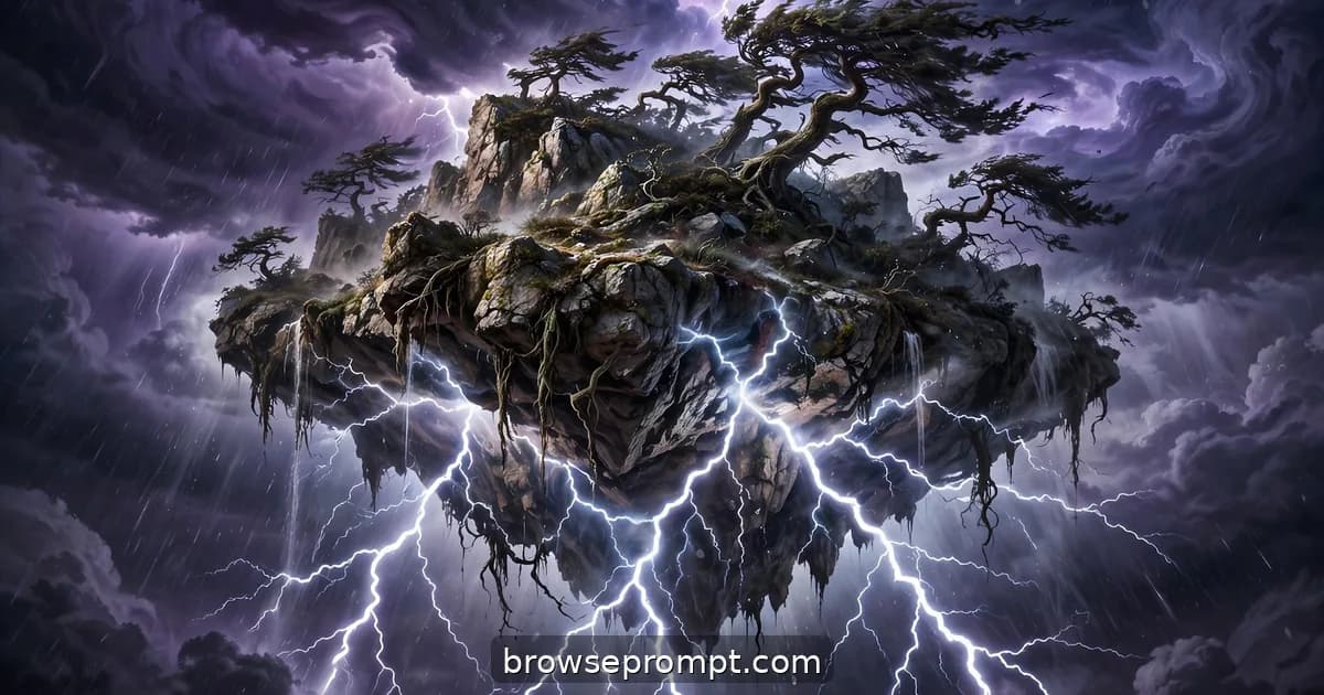 A floating island enduring a thunderhead, lightning forking around its rocky underside.