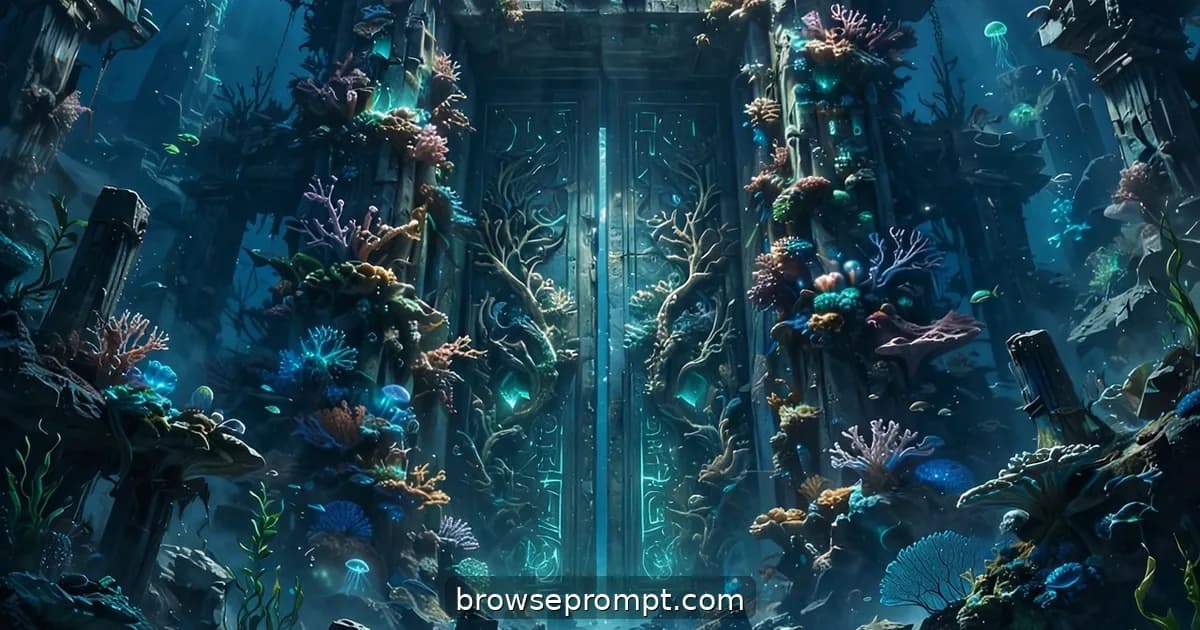 An underwater drone approaching the great gate of a sunken city glowing in the deep blue.