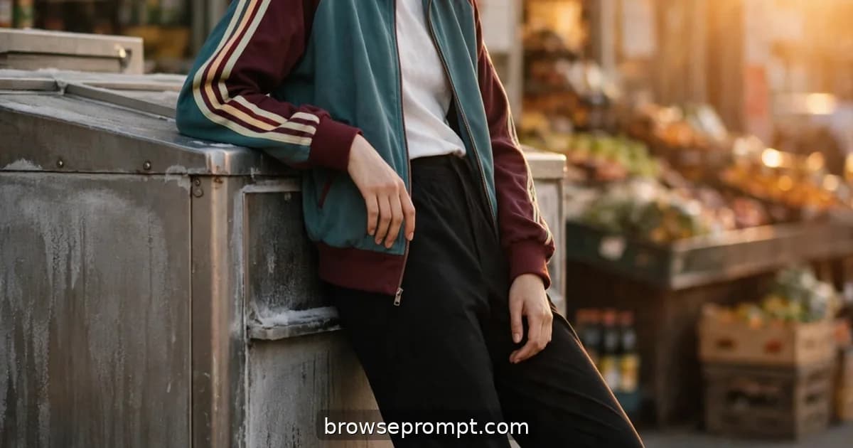 A model in vintage sportswear leans against a bodega ice machine at golden hour, laughing mid-conversation.