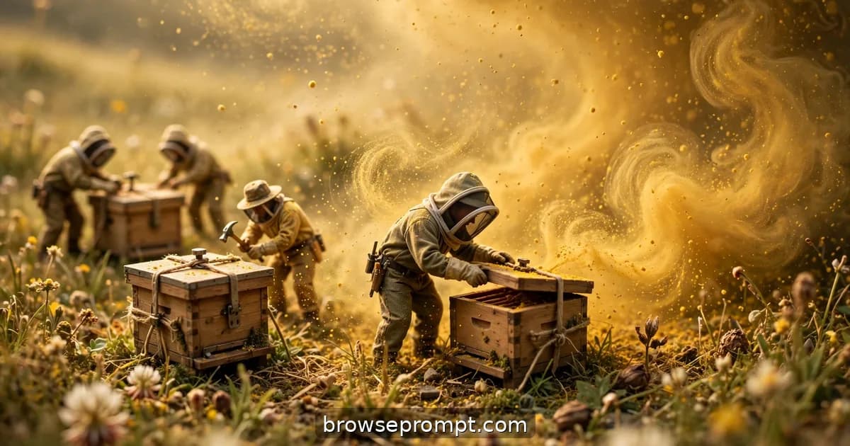 Tilt-shift photo of tiny beekeepers tying down hives as a golden pollen storm rolls through the meadow.