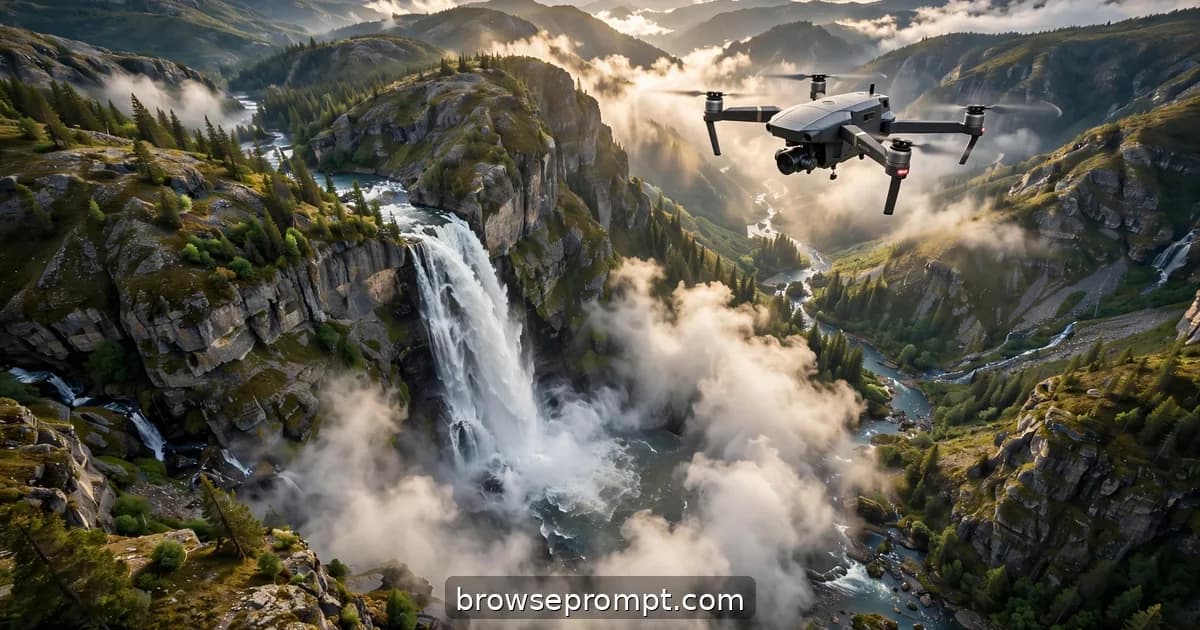 Aerial nature cover art: a drone orbits the mist crown at a waterfall's base, the falling water a white thunder.