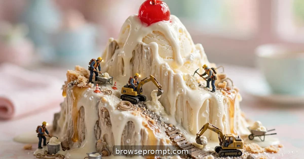 Tilt-shift photo of tiny miners with toy excavators digging into a giant melting ice cream sundae.