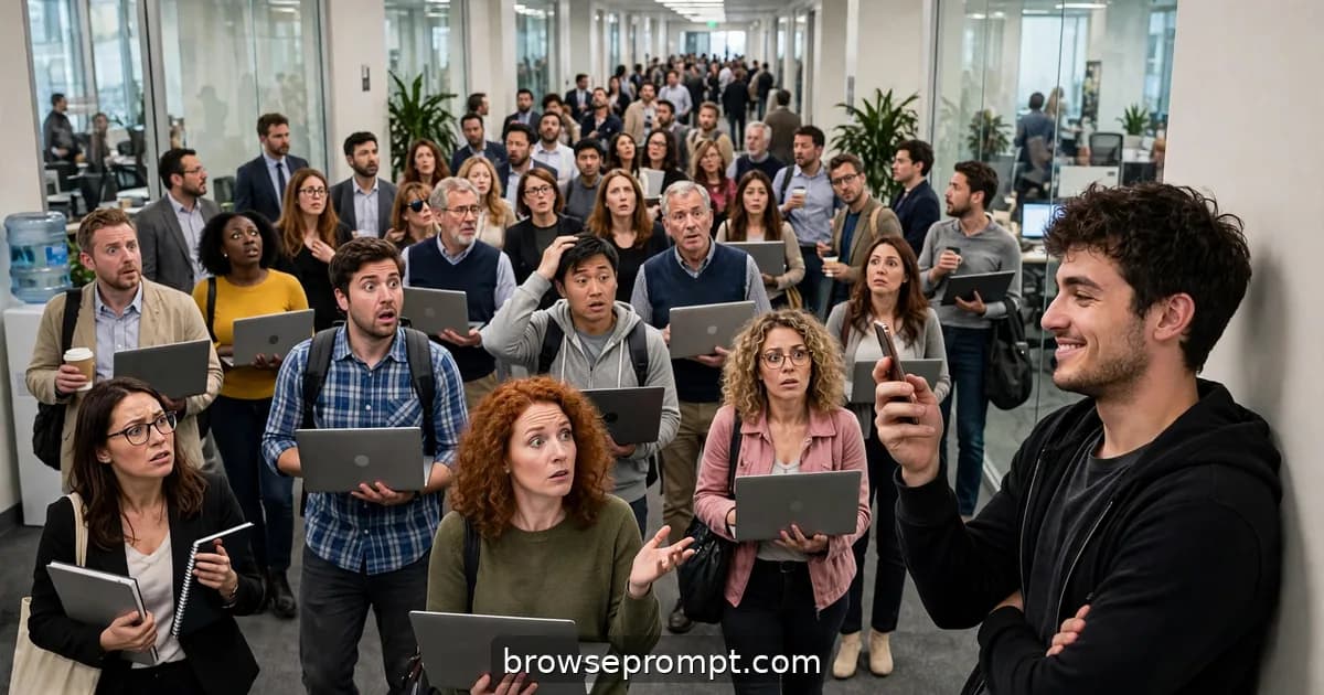 Comedic cover art: a prankster sends a fake all-hands invite for a room that doesn't exist, and forty confused employees wander the halls with laptops.