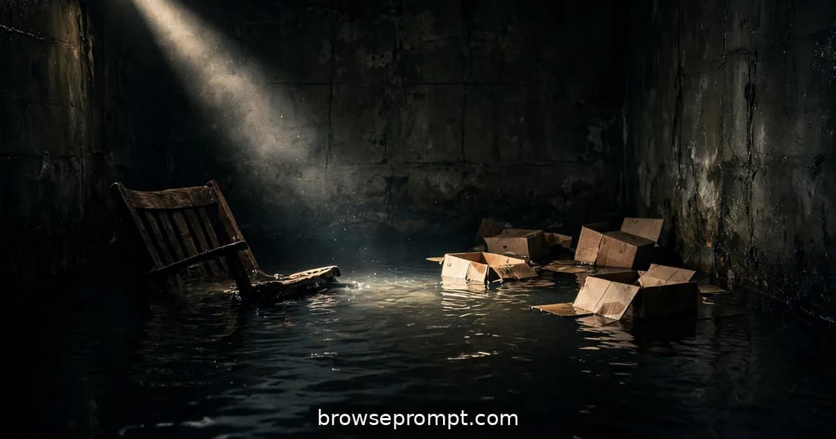 A cinematic horror still of water in the basement — primal drowning dread under single harsh flashlight beam on black water, everything.