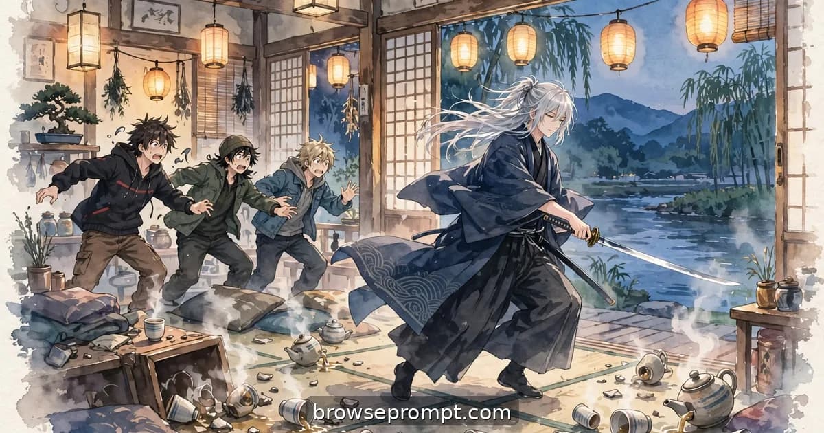 An aging sword master in a grey kimono disarms thugs with his sheathed blade inside a lantern-lit riverside tea house.