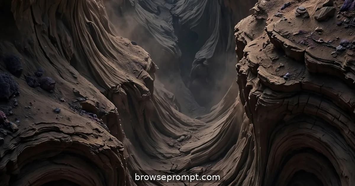 A drone descending into a hyper-gravity canyon where the rock sags under crushing weight.
