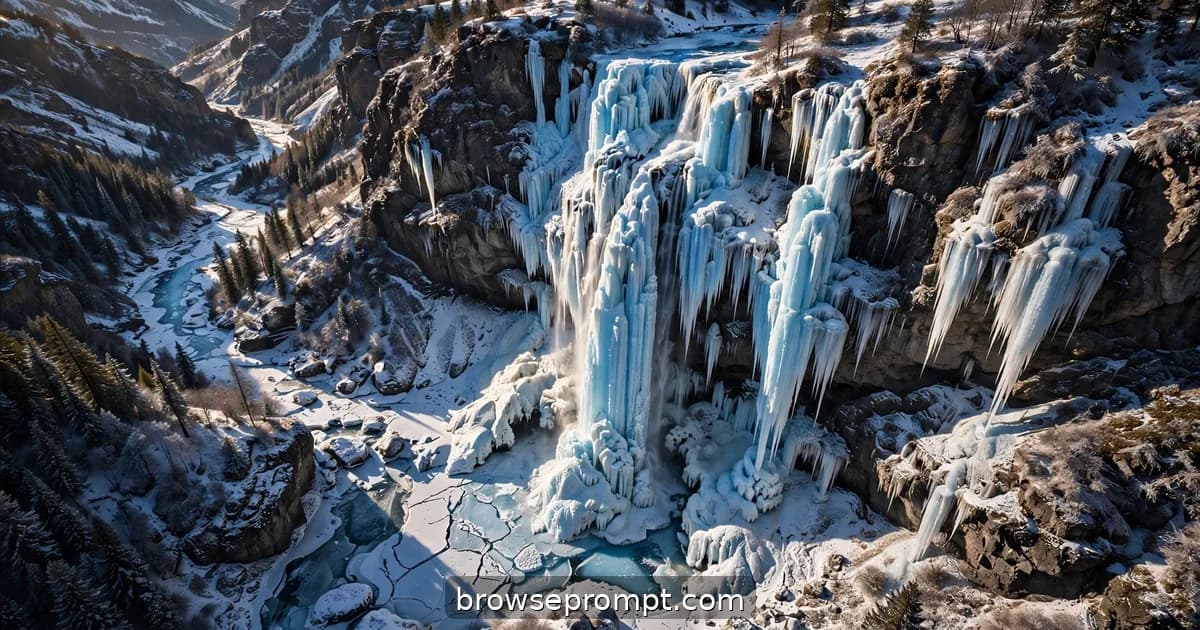Aerial nature cover art: a waterfall frozen mid-plunge: blue ice columns and hanging icicles in a winter aerial.