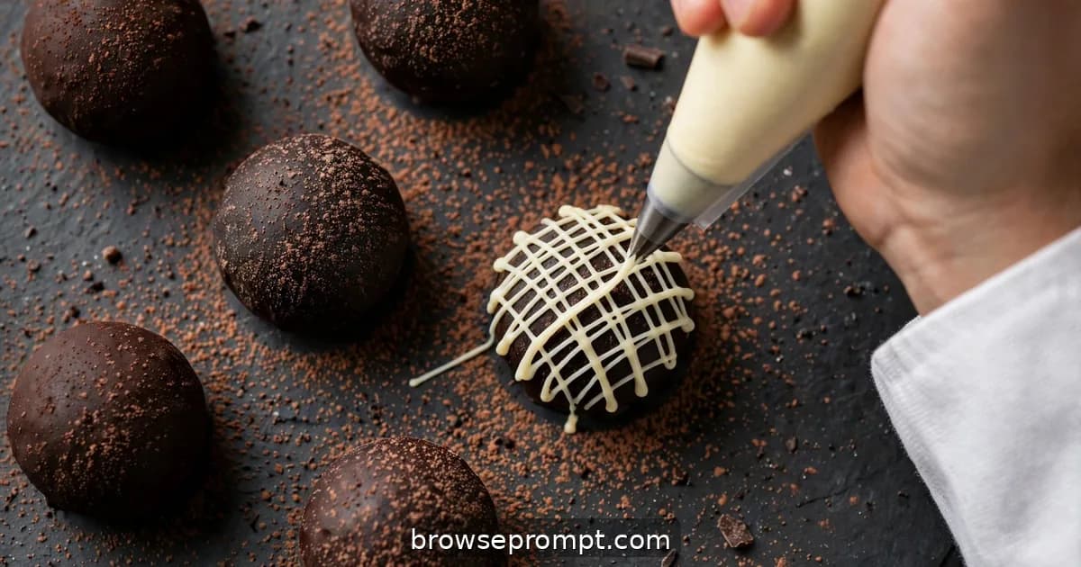 A hand piping a fine white chocolate lattice over dark truffles dusted with cocoa on slate.