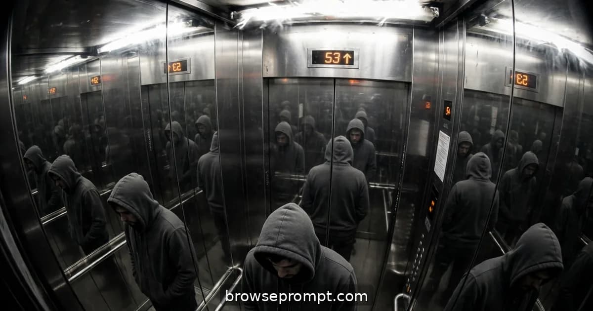 Dark cinematic still of elevator cameras catch it: vertical claustrophobia, harsh elevator fluorescents strobing.
