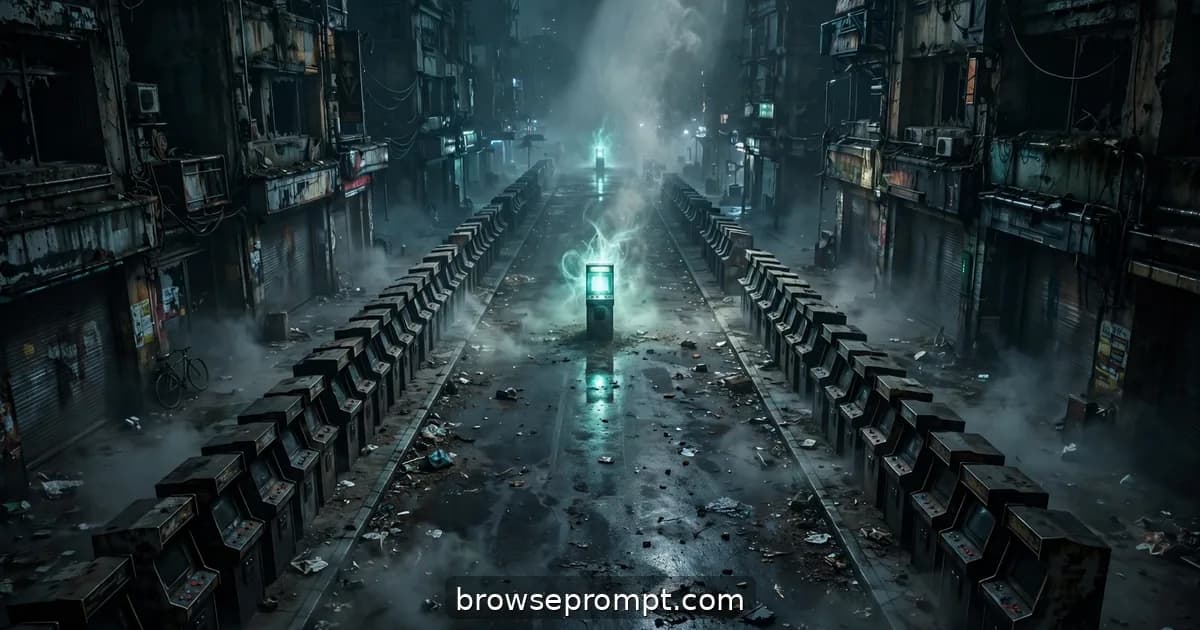 A drone drifting through a dead cyberpunk arcade district where a single cabinet still glows in the darkness.