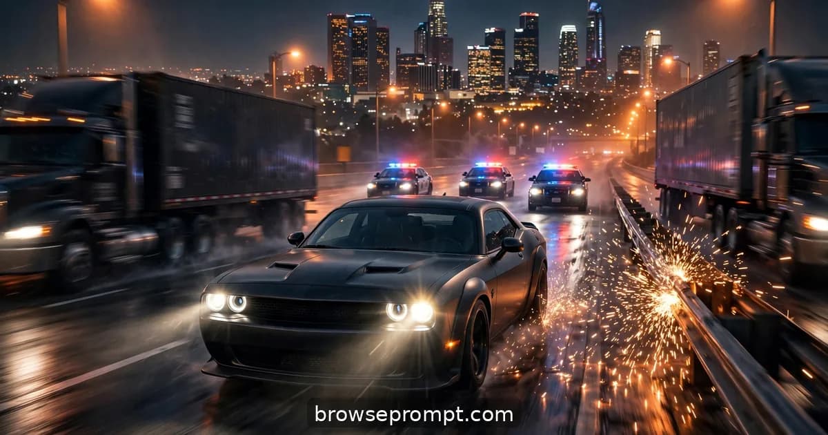Muscle car weaving through midnight freeway traffic with interceptors behind, cinematic still.