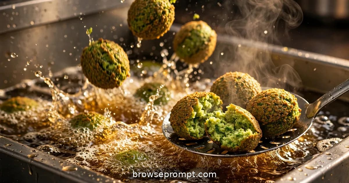 Herb-flecked falafel balls hissing into hot oil, surfaces turning from pale green to deep emerald-gold.