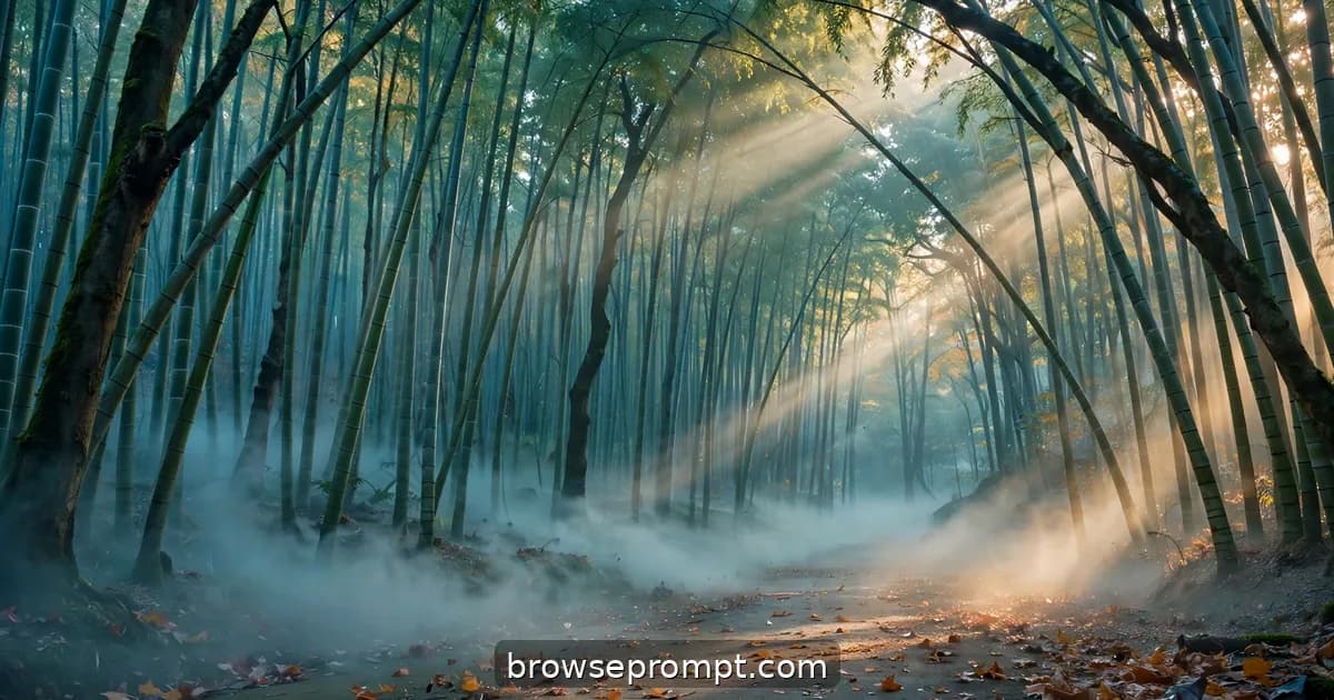 Towering bamboo stalks swaying in morning mist with pale gold light shafts in Arashiyama, Kyoto.