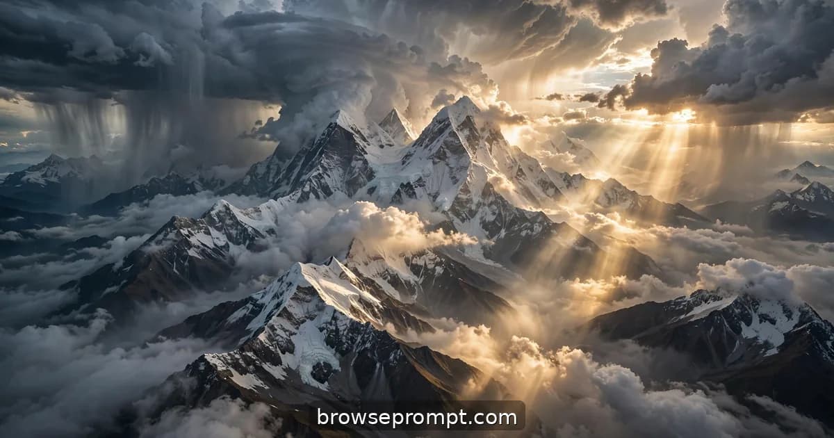 Aerial nature cover art: himalayan giants emerge between monsoon storm cells, light breaking in cathedral beams.