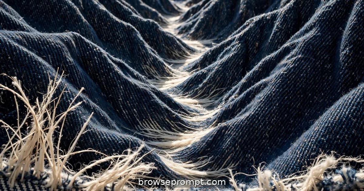 Macro journey across raw selvedge denim, indigo twill ridges rising like canyons with glowing white weft valleys.