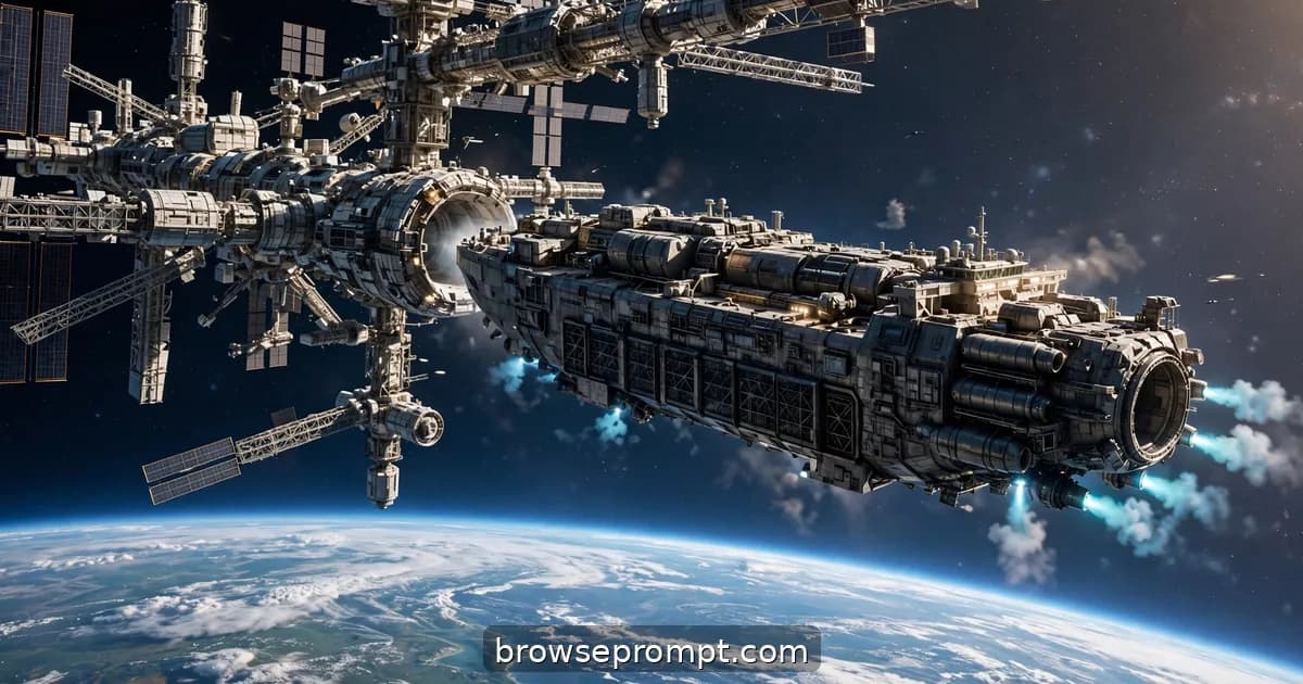 A heavy freighter easing into dock at a space station, thrusters puffing against Earth's blue curve.