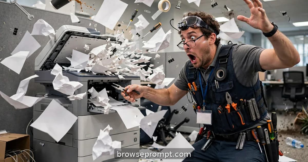 Comedic cover art: the office printer jams minutes before a deadline, and the IT guy treats the repair like diffusing a bomb while the paper multiplies.