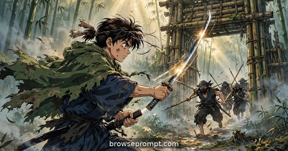 A young swordsman draws his katana before a towering bamboo gate as masked bandits charge through morning mist.