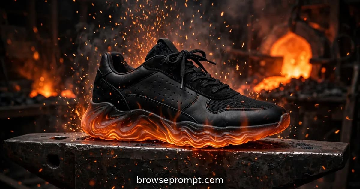 A black sneaker with an ember-orange sole on an anvil as foundry sparks rain down around it.