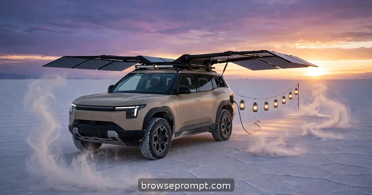 A sand-beige electric SUV crossing a blinding white salt desert with deployed solar wings glinting.