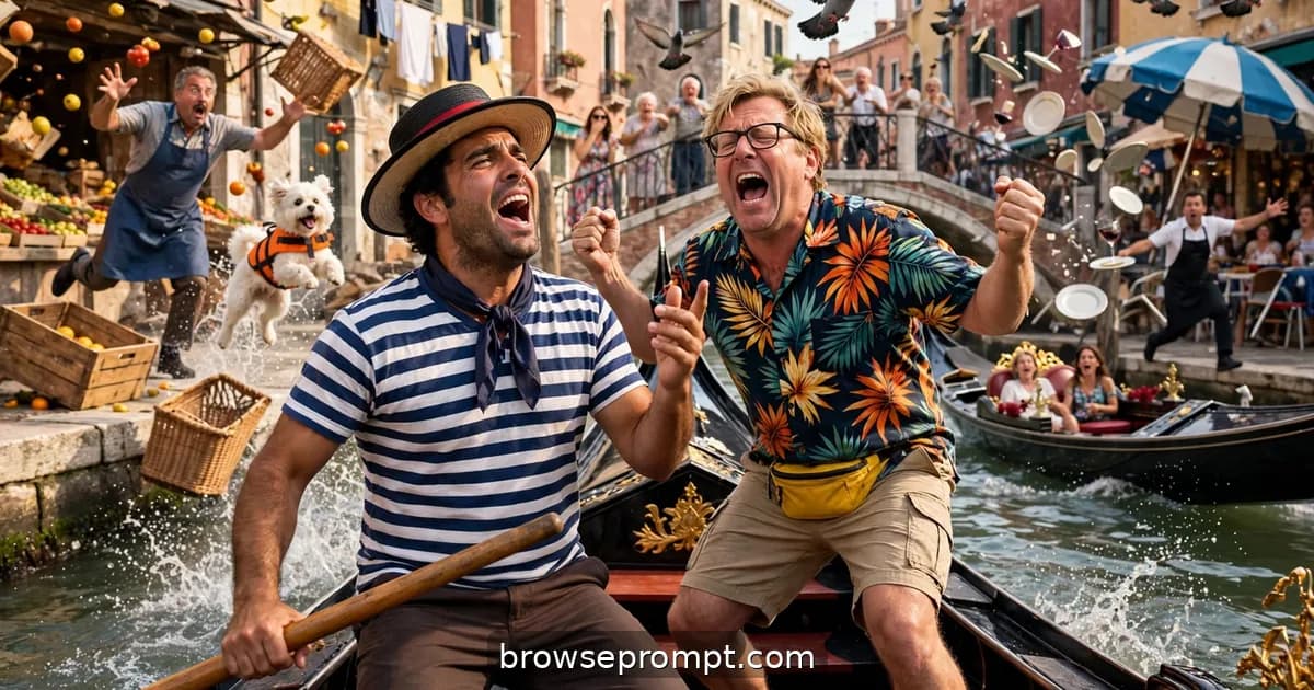 Comedic cover art: a Venice gondolier begins a romantic aria, and a tone-deaf tourist joins in with full operatic commitment, winning over the canal.
