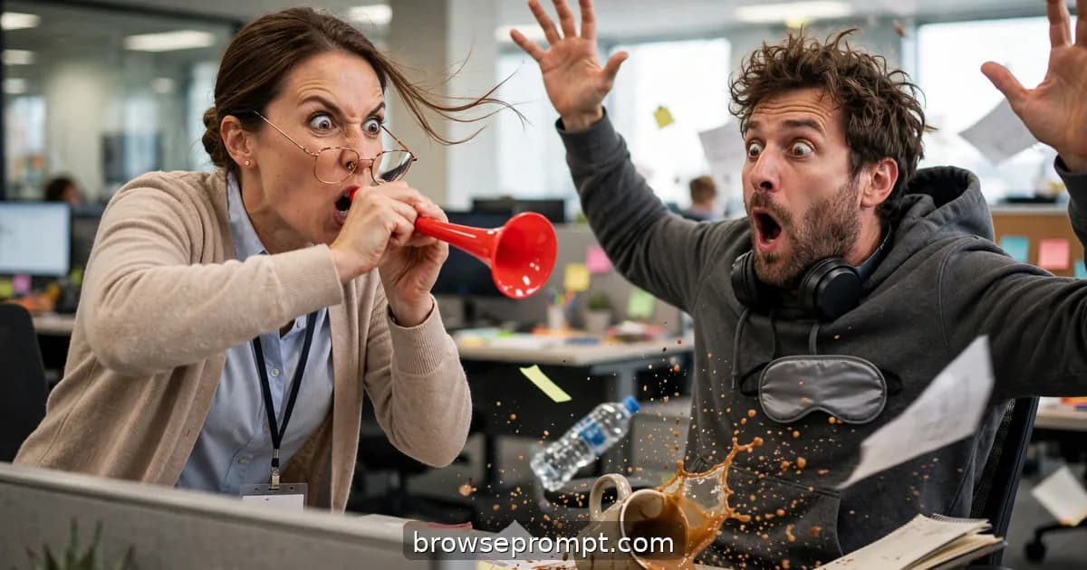 Comedic cover art: after months of ignored noise complaints, HR's quietest employee snaps and wakes the office's loudest napper with an air horn.