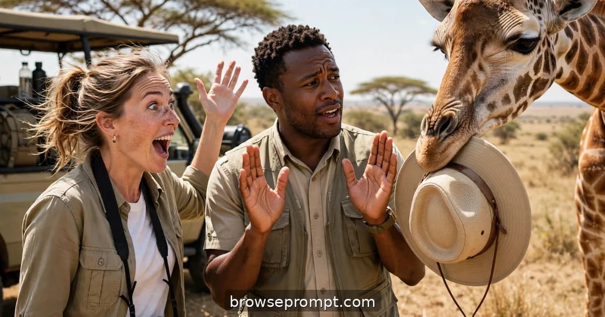 Comedic cover art: on safari, a giraffe steals a tourist's expensive safari hat, and the guide negotiates its return like a hostage situation.