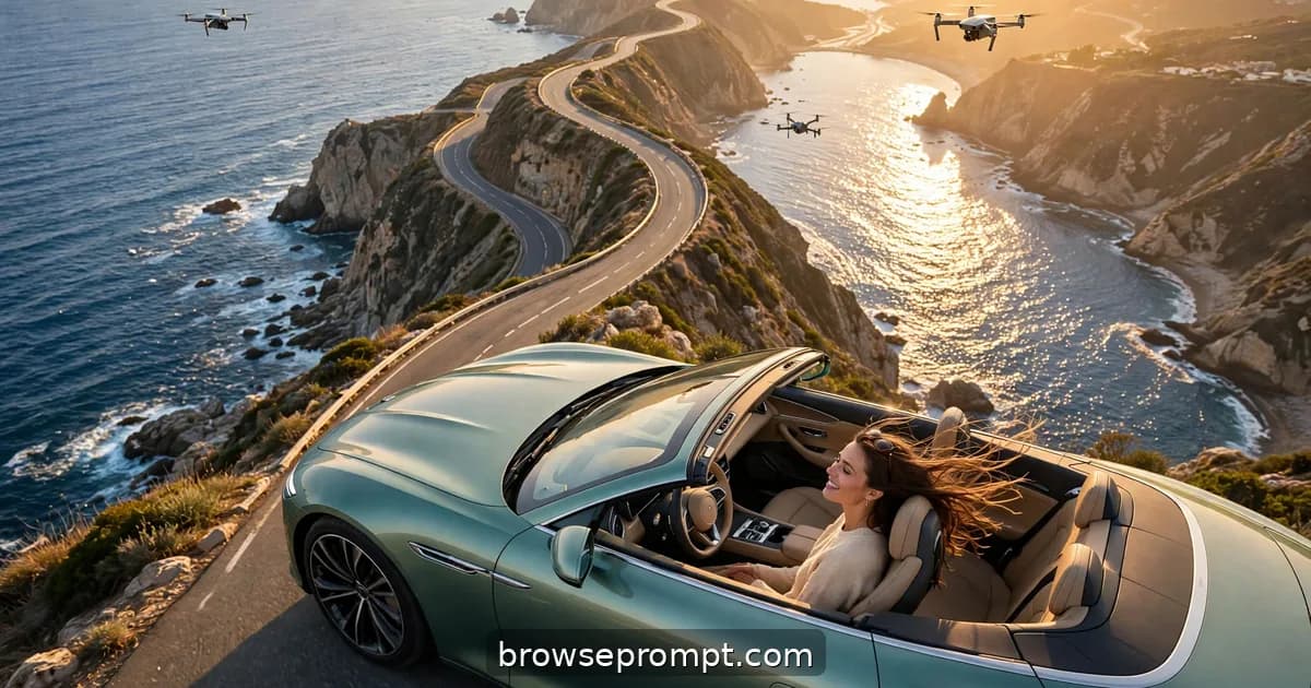 A seafoam electric convertible cruising a cliffside coastal highway at golden hour, top down, ocean glittering.