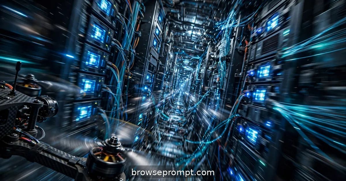 An FPV drone racing through a monolithic server spire lined with blinking blue data cores.