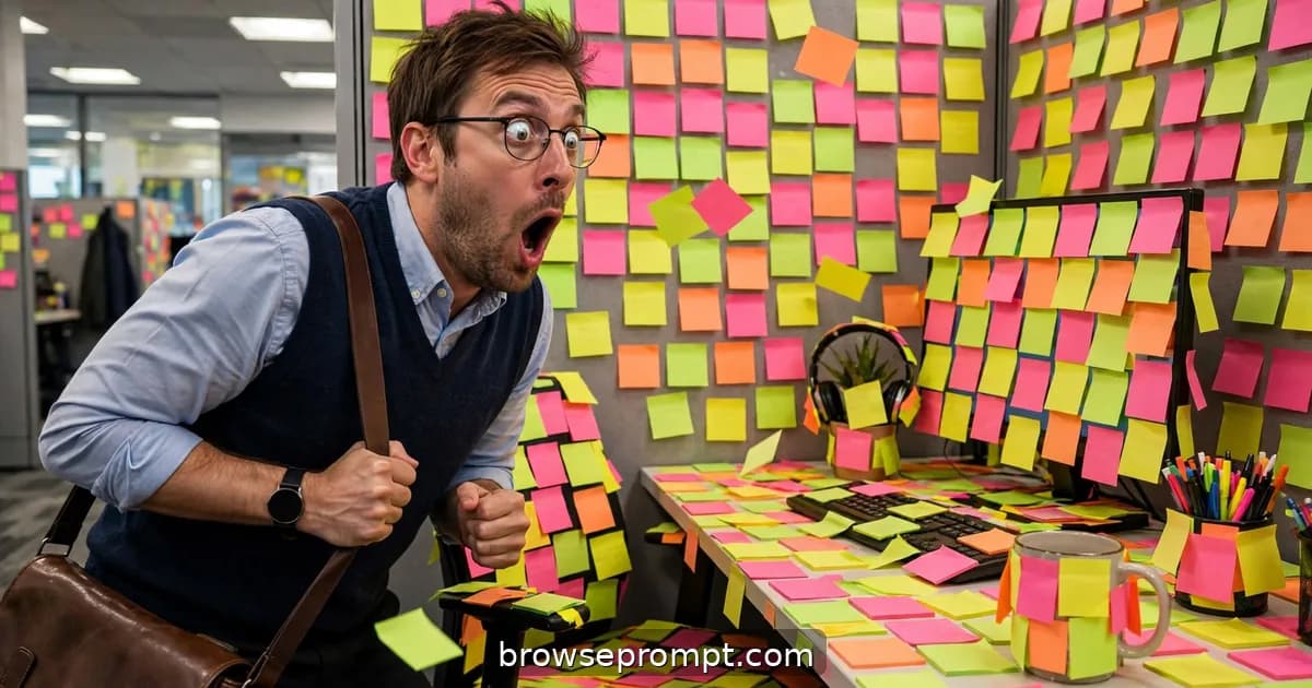 Comedic cover art: an office worker arrives Monday to find every inch of his cubicle, including his chair and coffee mug, covered in neon sticky notes.