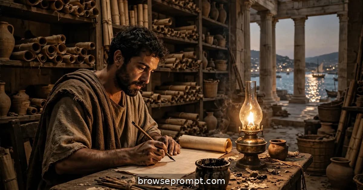 A scribe copies a scroll by oil-lamp light among towering shelves of papyrus in the Great Library of Alexandria.