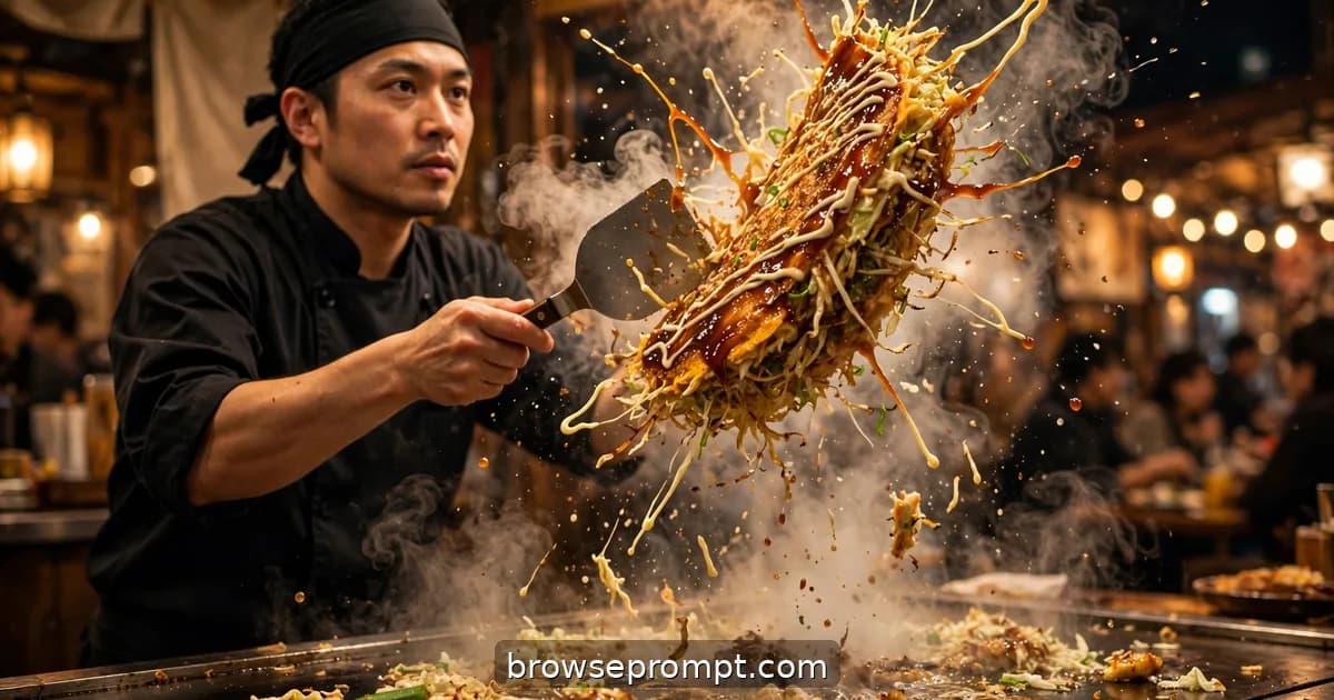 A chef flipping a towering okonomiyaki on a teppan griddle, steam exploding, bonito flakes dancing.