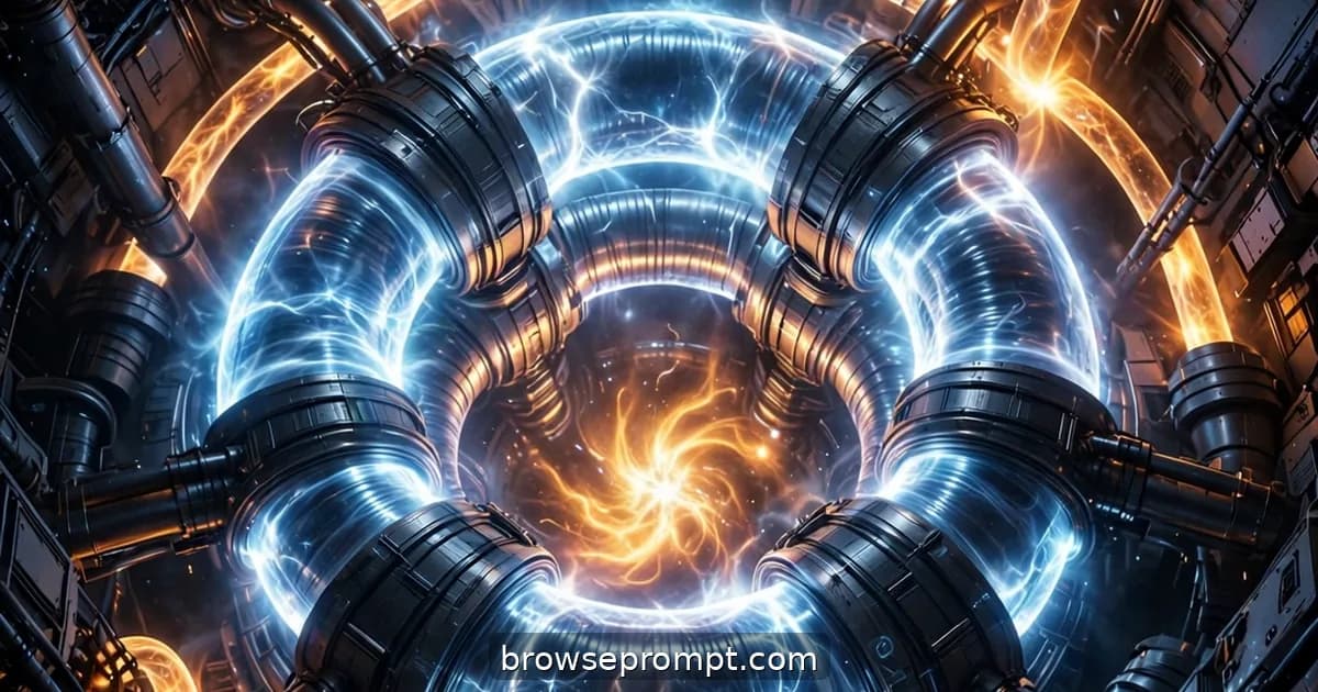 A drone descending into a fusion reactor core, magnetic bottles glowing blue-white in the darkness.