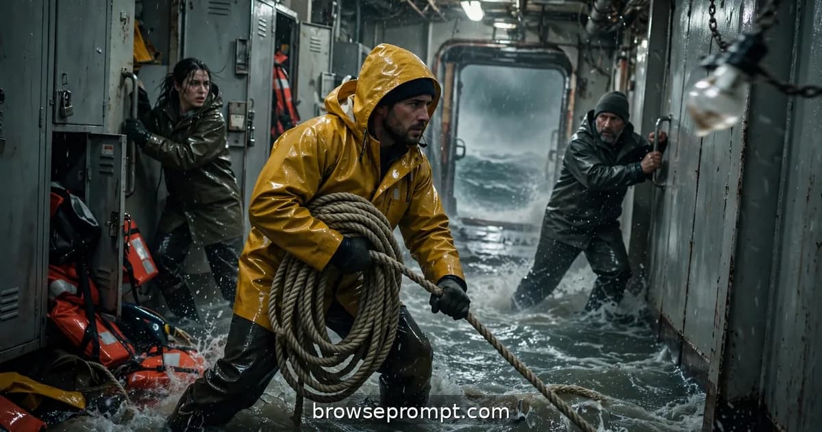 Smuggler fighting coast-guard boarders in a storm-lashed ferry corridor, cinematic still.