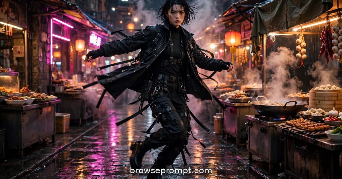 A model in black techwear performs a slow fit-check spin in a narrow night-market alley strung with lanterns and neon.