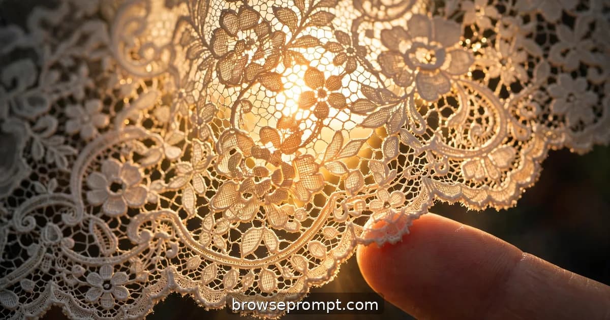 Backlit Chantilly lace fills the macro frame, floral motifs glowing like stained glass as light pours through openwork.