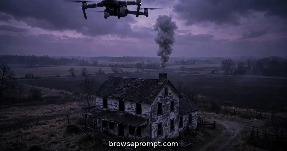 Dark cinematic still of the house exhales: cosmic wrongness at domestic scale, bruised purple dusk against the house's dead windows.
