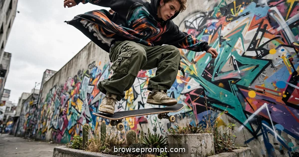 A skater in layered streetwear ollies over a concrete planter before a graffiti wall, frozen mid-air as the camera orbits.