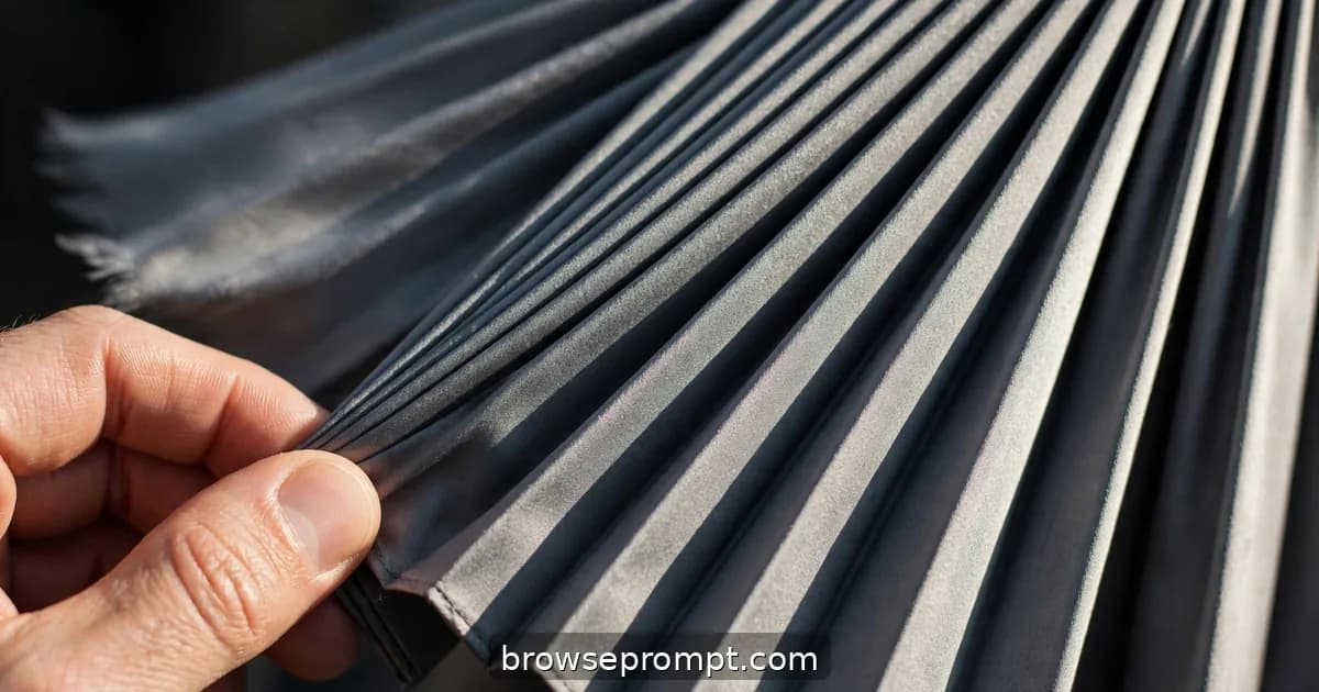 Knife pleats in slate-grey silk fan open in macro, each fold a precise blade of light and shadow.