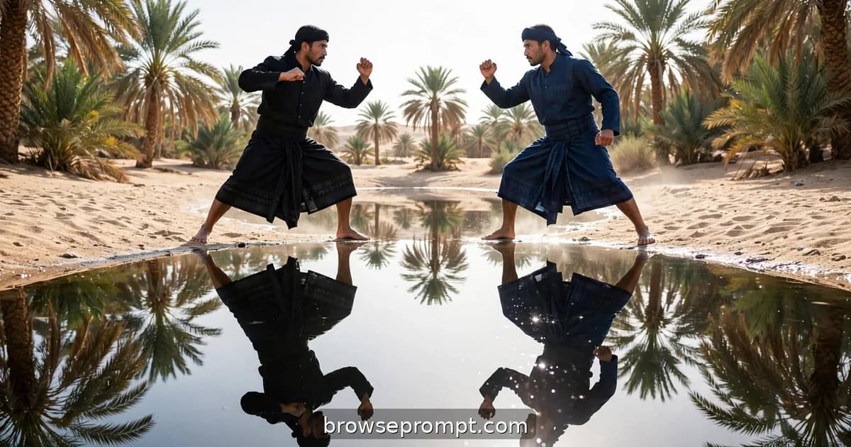 Two silat fighters dueling at a desert oasis pool, mirrored in the water, cinematic still.