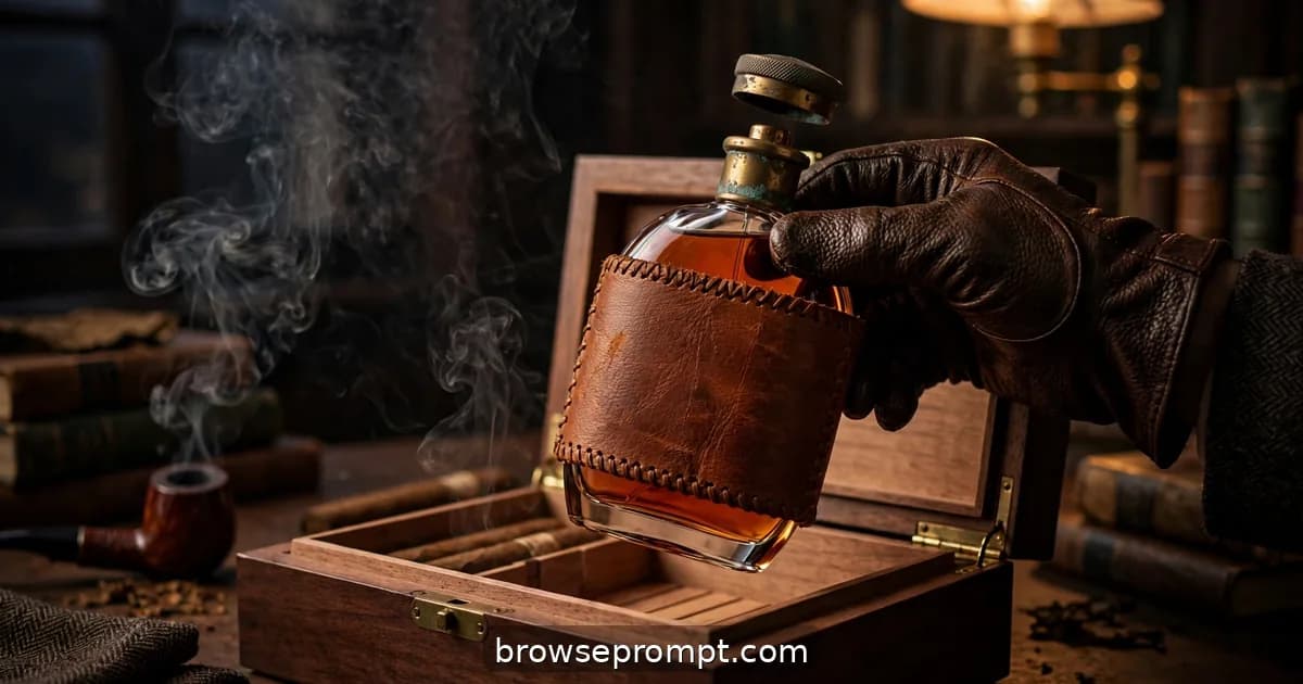 A cognac-colored leather-sleeved perfume bottle lifted from a walnut humidor in a lamplit book-lined study.