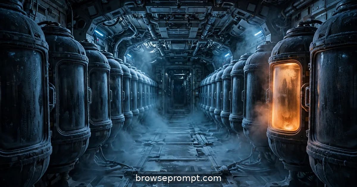 A slow pan across a frost-covered hibernation bay as cryo pods begin their revival cycle.