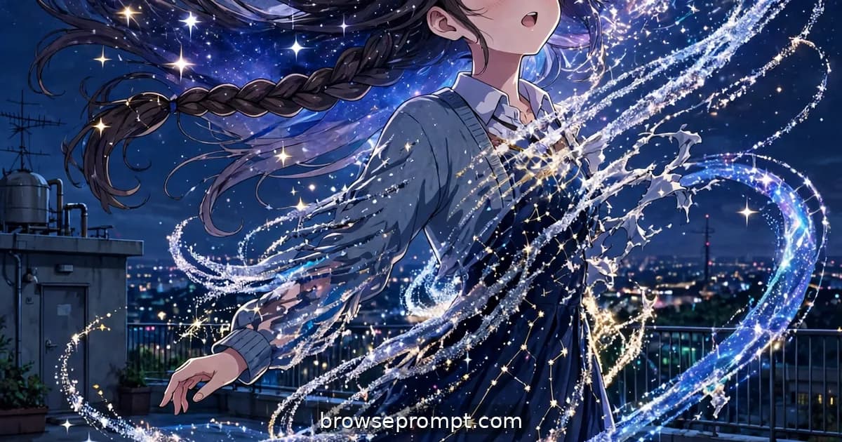 A shy girl in a cardigan transforms into a starlight warrior wrapped in spiraling stardust ribbons on a midnight rooftop.