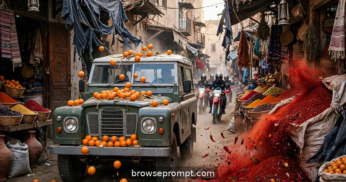 Land Rover squeezing through a Fez market alley with oranges cascading, cinematic still.