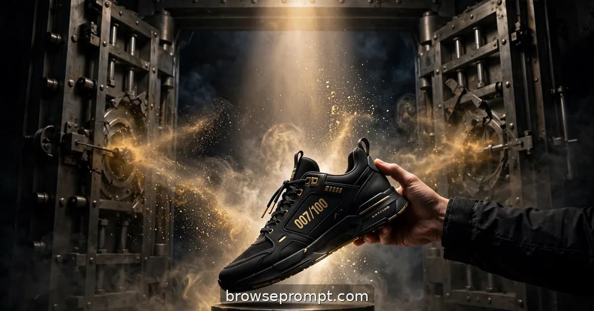 A black limited-edition sneaker with gold numbering on a pedestal as vault doors part in darkness.