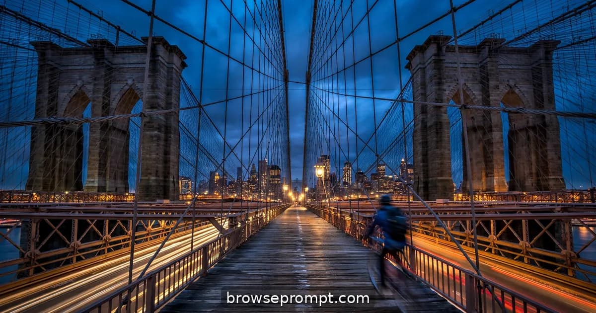 Brooklyn Bridge's Gothic towers and cables framing Manhattan's igniting skyline at blue hour.