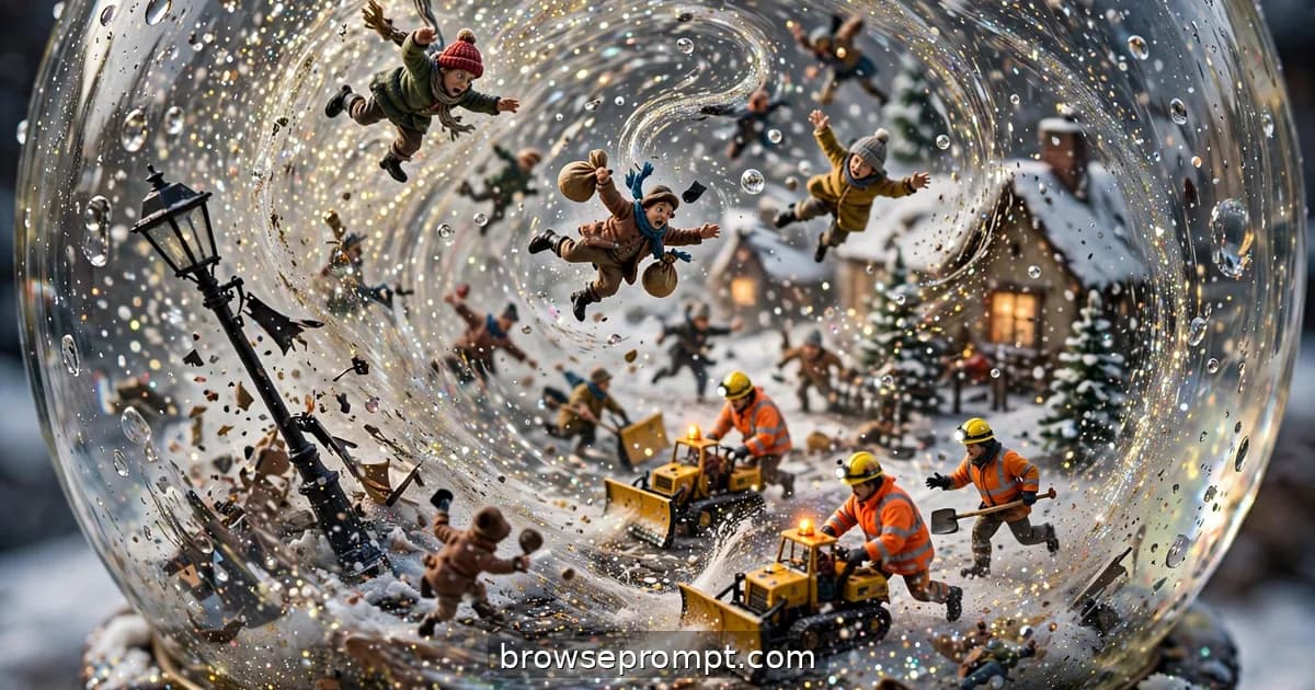 Tilt-shift photo of tiny villagers tumbling through glitter snow as giant hands shake their snow globe.
