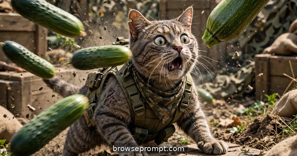 Comedic cover art: years after the first viral scare, a battle-hardened cat faces a cucumber ambush with military-grade composure, until the zucchini arrives.