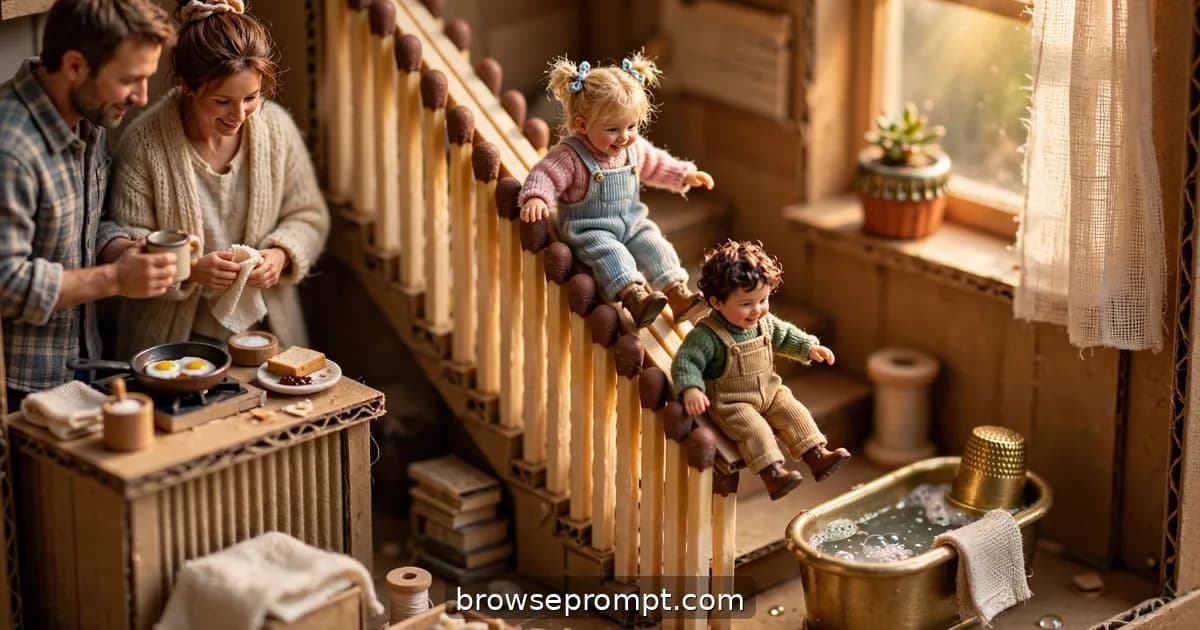 Tilt-shift photo of a tiny family in a matchbox apartment with a thimble bathtub and stamp wallpaper.