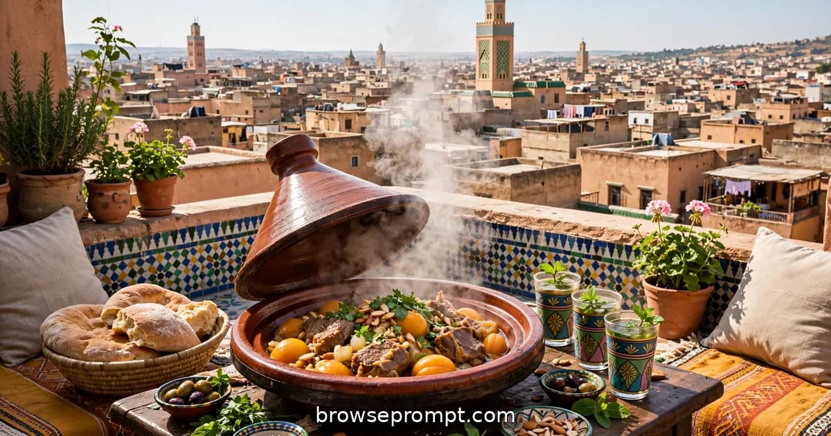 Steaming tagine lifted on a Fez rooftop terrace above the medina's thousand rooftops and minarets.